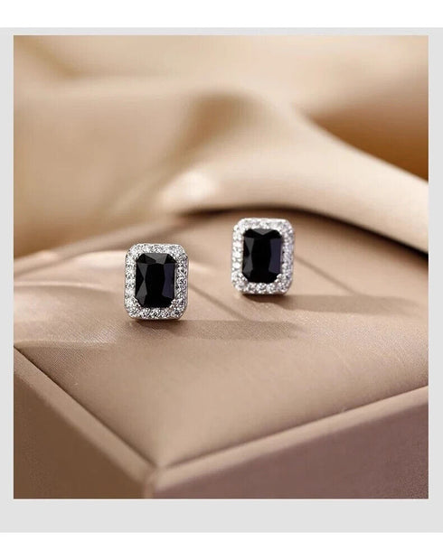 Baguette Cut 14K White Gold Plated Black Cubic Zirconia Men Women Stud Earrings